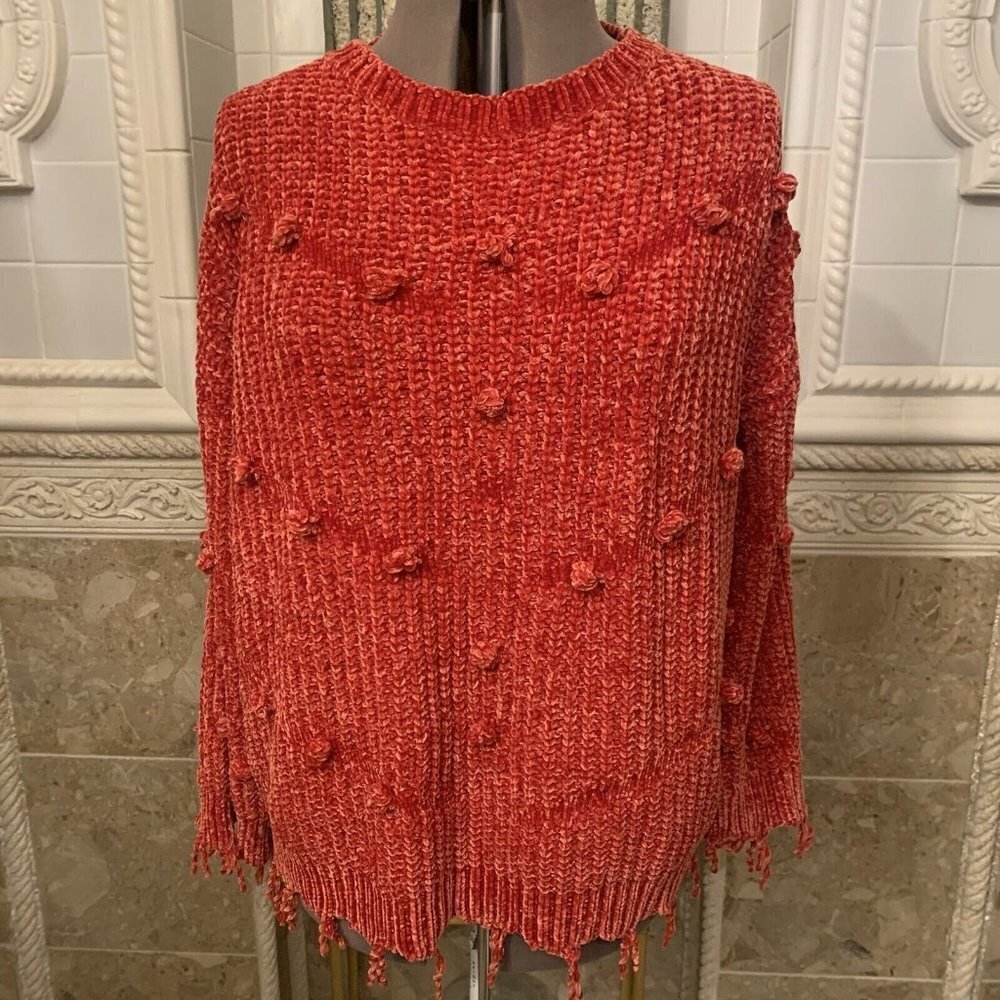 JODIFL. Size M. Knitted Chenille. Pullover. Fringe and Curled Balls. DB